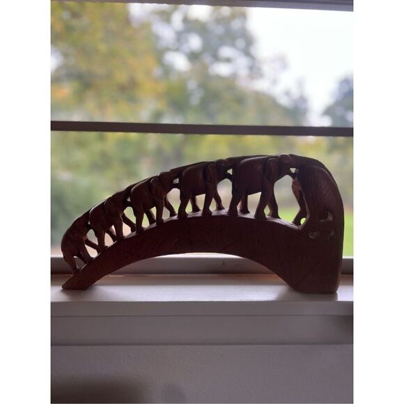 Hand carved Wood Elephant Train Bridge Made in Thailand 5 Elephants - Picture 11 of 13